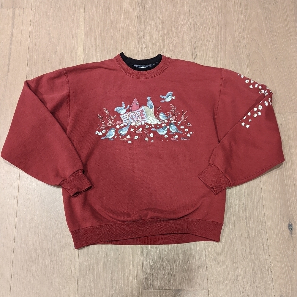 Vintage Cottagecore Red Sweatshirt with Bird and Popcorn Design